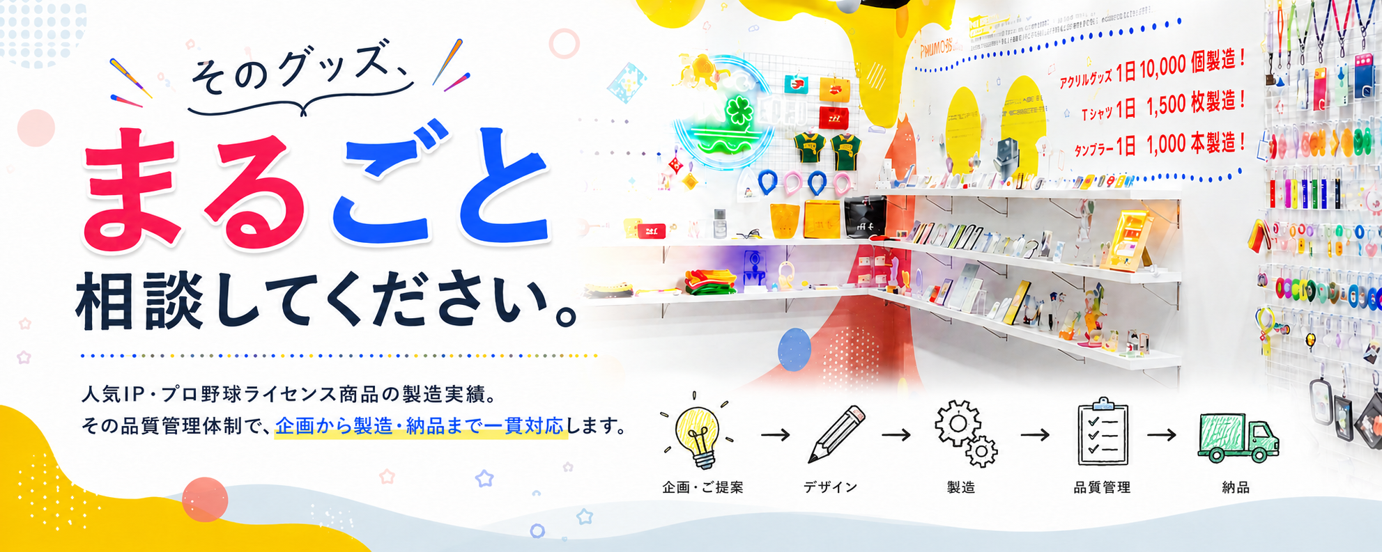 そのグッズ、まるごと相談してください。人気IP・プロ野球ライセンス商品の製造実績。その品質管理体制で、企画から製造・納品まで一貫対応します。アクリルグッズ1日10,000個、Tシャツ1日1,500枚、タンブラー1日1,000本製造。オリジナルグッズのOEM・大量ロット製造ならオリジナルグッズ.jp