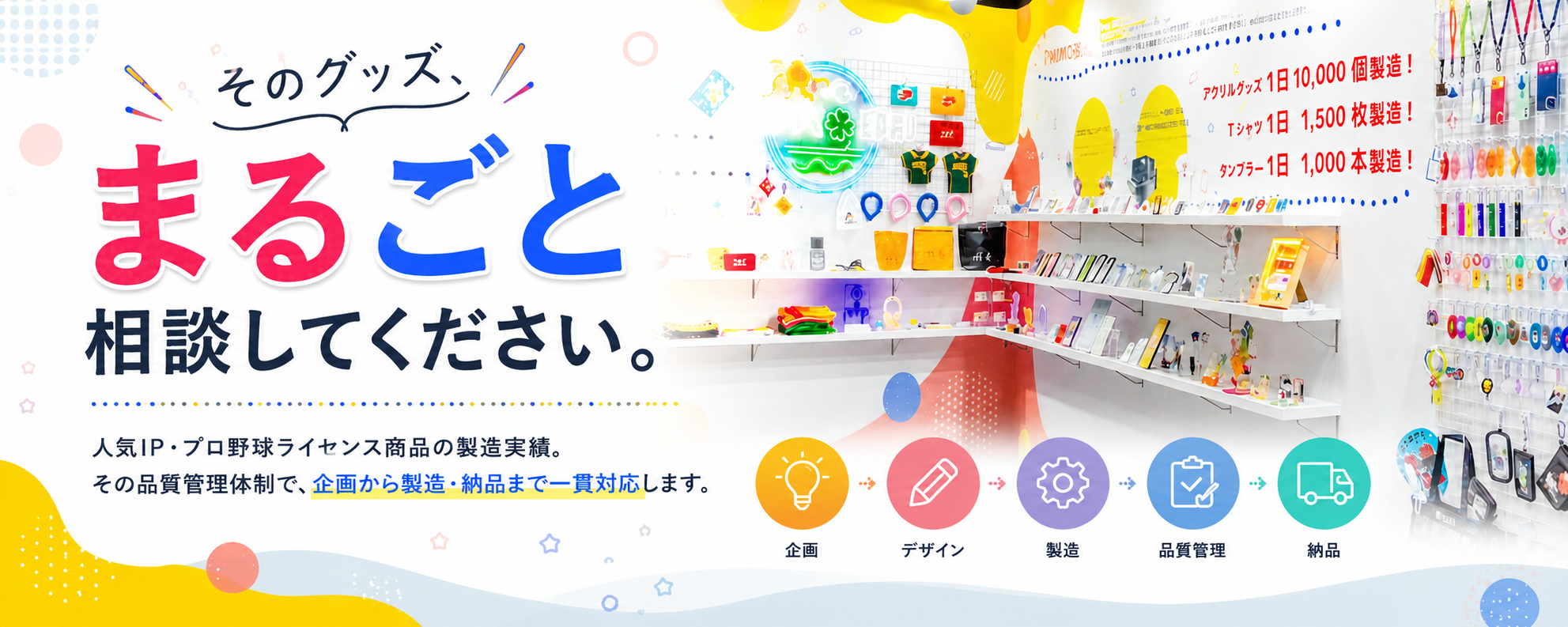 そのグッズ、まるごと相談してください。人気IP・プロ野球ライセンス商品の製造実績。その品質管理体制で、企画から製造・納品まで一貫対応します。アクリルグッズ1日10,000個、Tシャツ1日1,500枚、タンブラー1日1,000本製造。オリジナルグッズのOEM・大量ロット製造ならオリジナルグッズ.jp